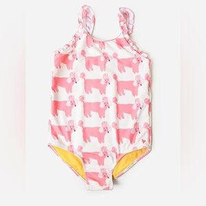 Pink Chicken poodle one piece swimsuit ruffle claire toddler girls dogs print